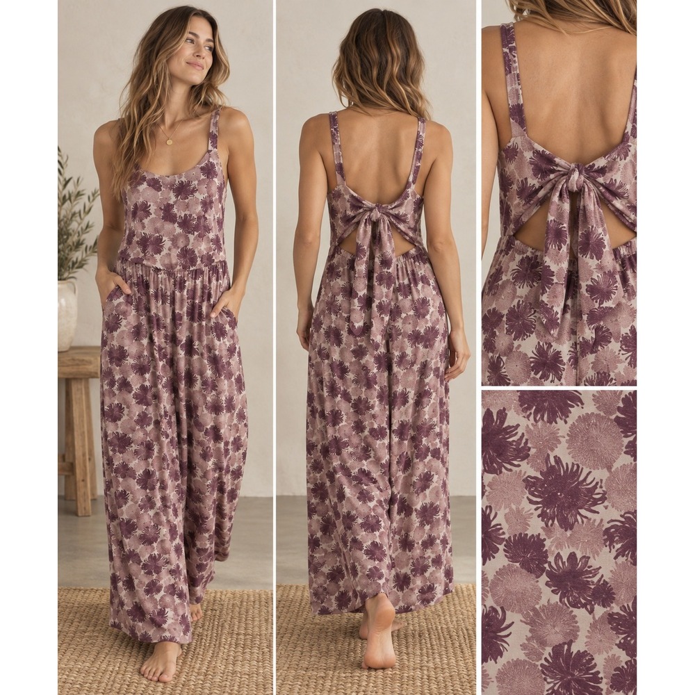 Kate Quinn Women's Purple Floral Bamboo Viscose Tie Back Wide Leg Jumpsuit- S